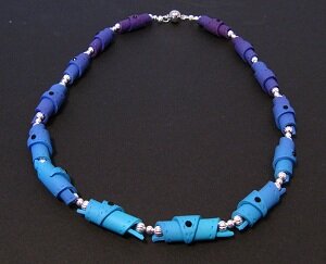 Purple necklace with polymer clay and silver beads
